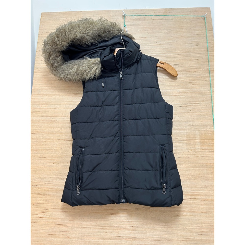 Banana Republic Petite XS Black Puffer Vest Detachable Faux Fur Trim Hood Zip Up